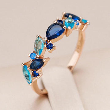 Gorgeous Blue AAA Zircon Crystals Leaf Ethnic 14K Rolled Rose Gold Luxury Ring For Women -  Daily Party Jewellery